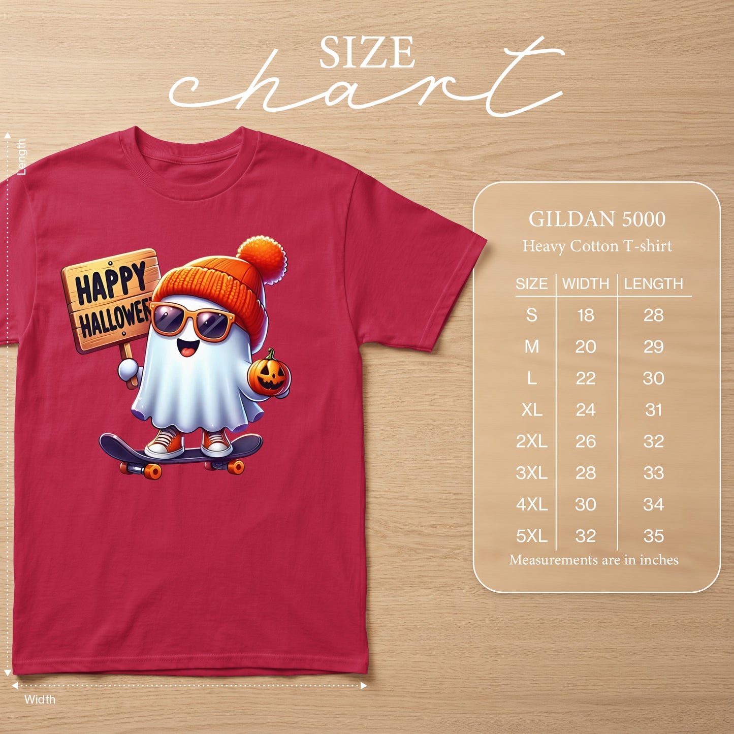 Halloween ghost on skateboard with sign and pumpkin, Gildan 5000 size chart.