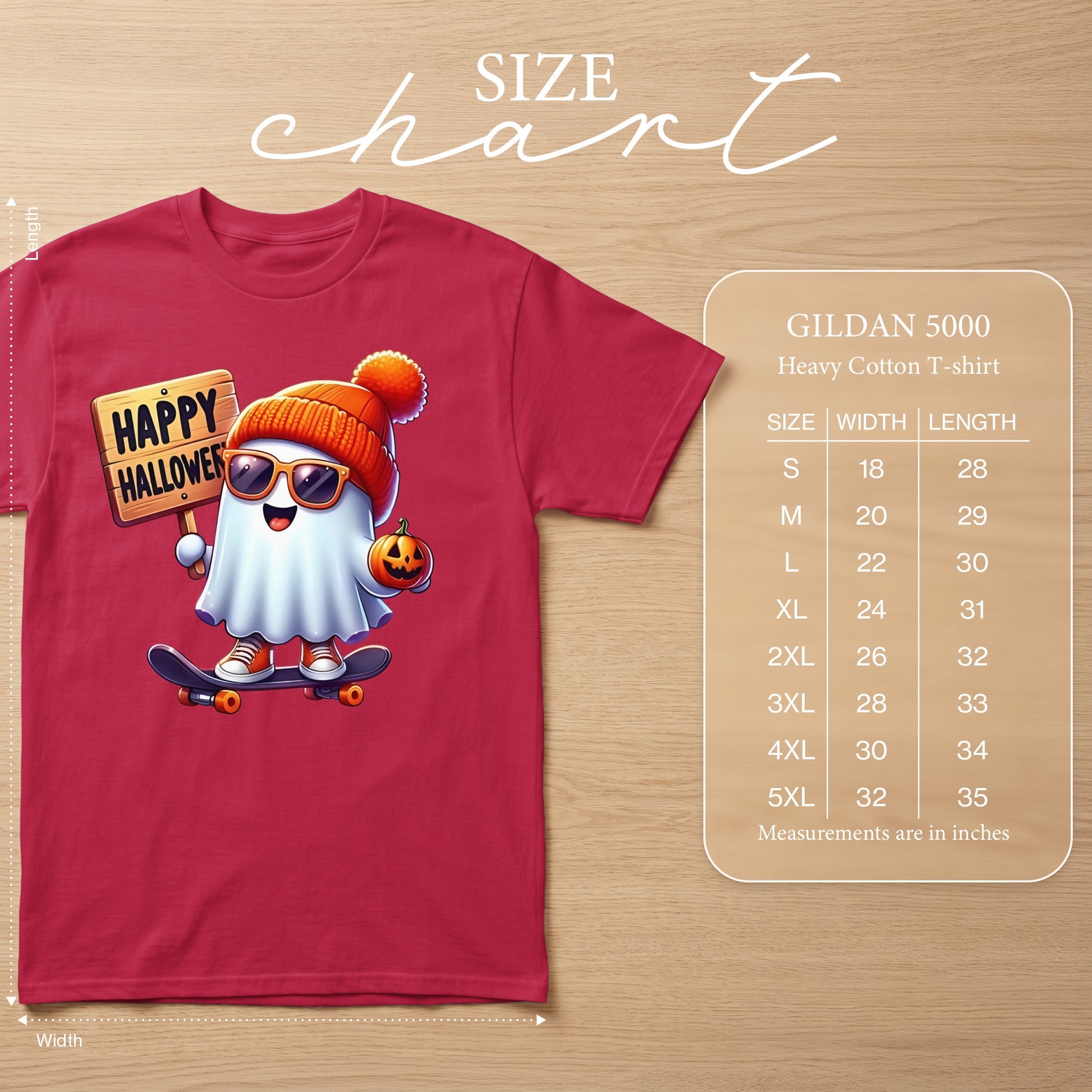 Halloween ghost on skateboard with sign and pumpkin, Gildan 5000 size chart.