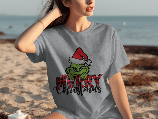 Merry Christmas Grinch Wearing Santa Hat T-shirt