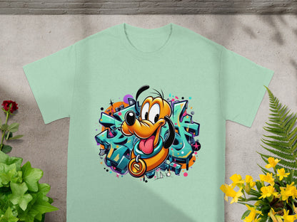 Mint t-shirt with colorful graffiti art featuring Disney's Pluto.