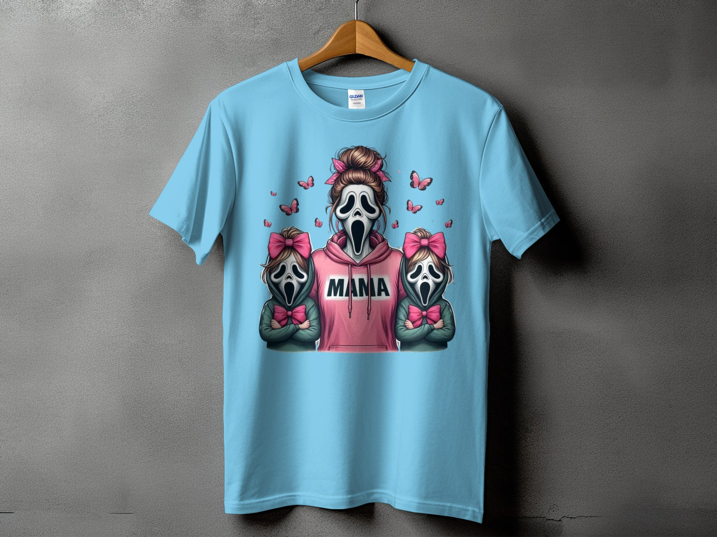 Light blue t-shirt with Ghostface characters and "Mama" text.