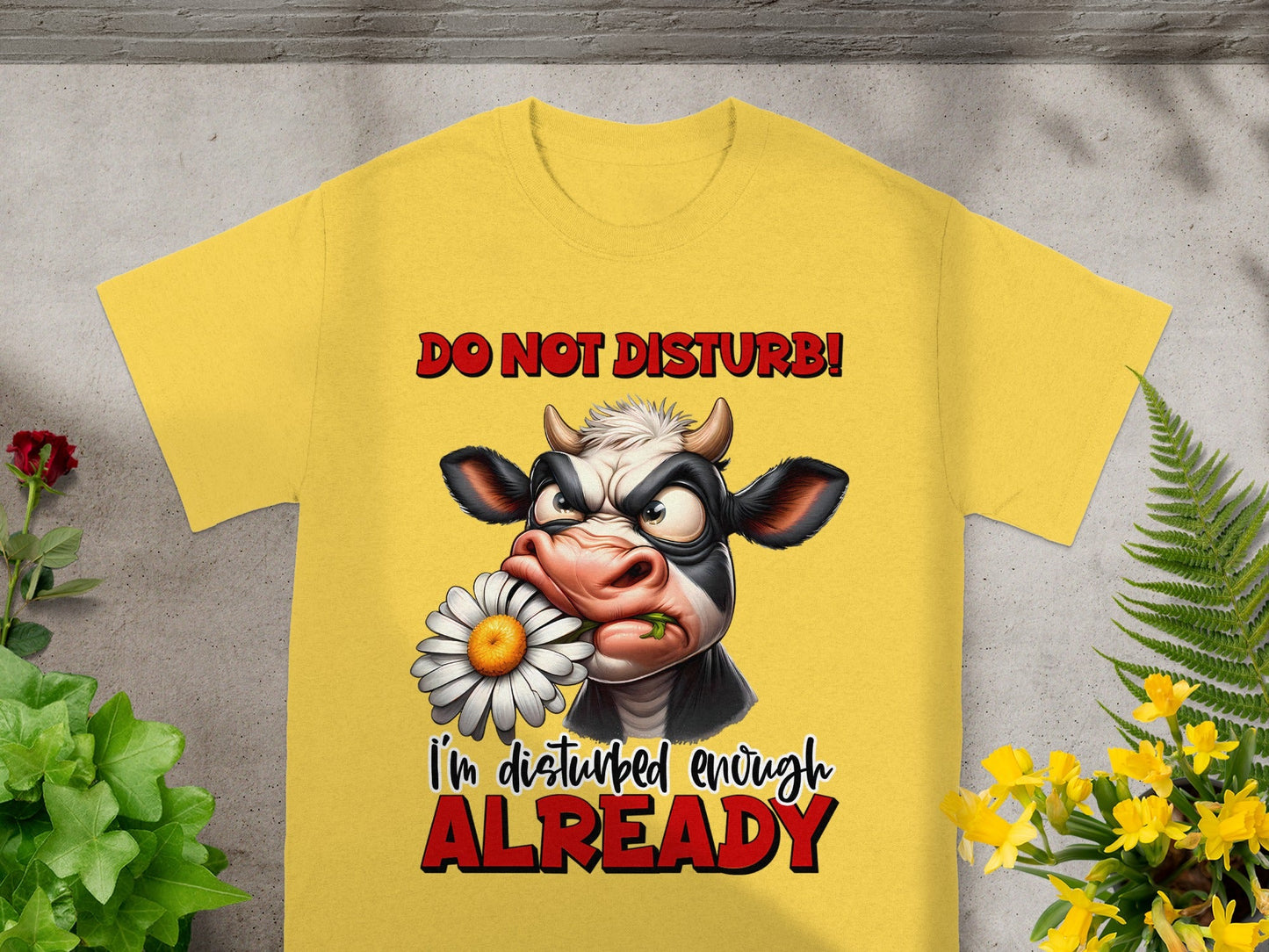 Do Not Disturb Cow Detailed Graphic Yellow Shirt