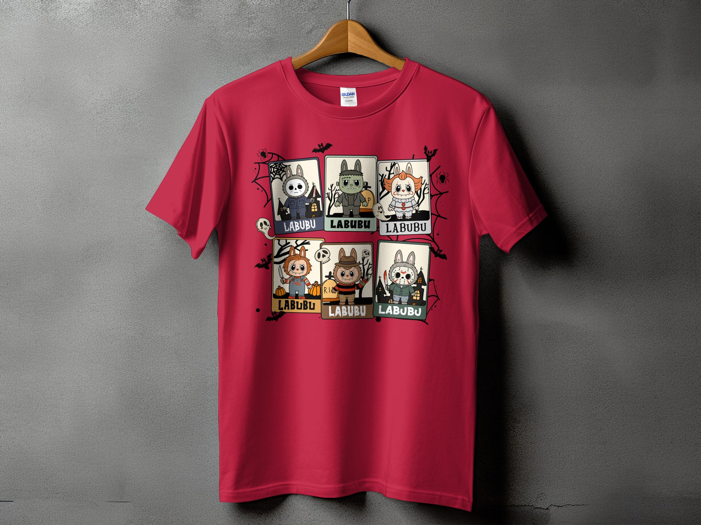 Red t-shirt with six cartoon Halloween characters, each labeled "LABUBU".