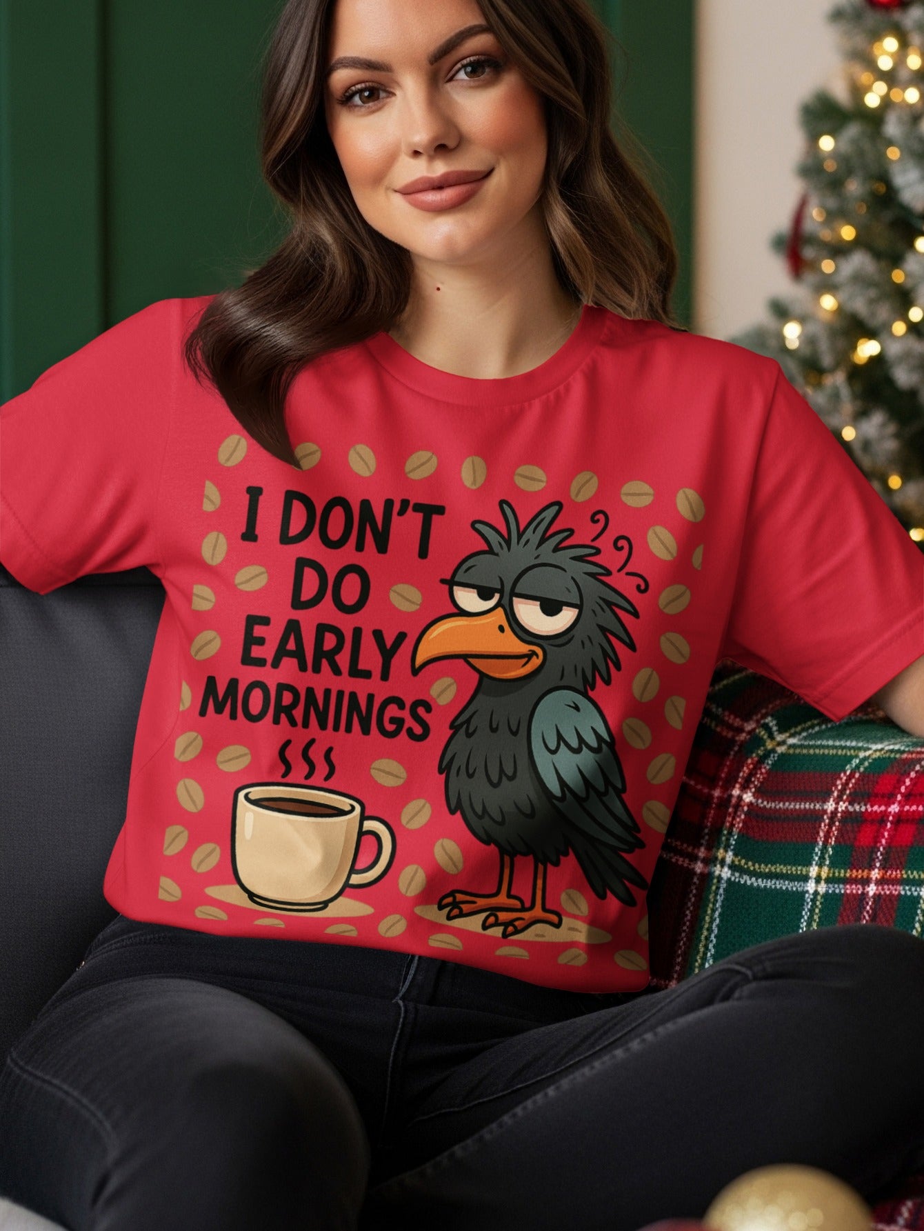 Red t-shirt with cartoon bird and coffee cup, reads "I DON'T DO EARLY MORNINGS".