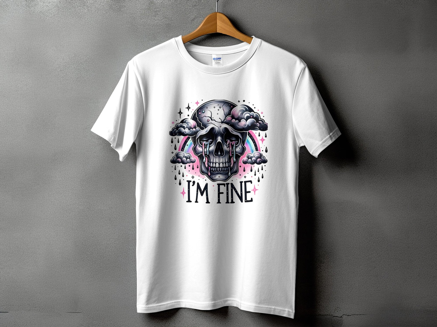 White t-shirt with a skull graphic and "I'M FINE" text.