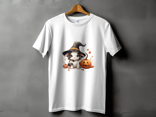 White t-shirt with a cute cartoon cat wearing a witch hat, pumpkins, and autumn leaves.