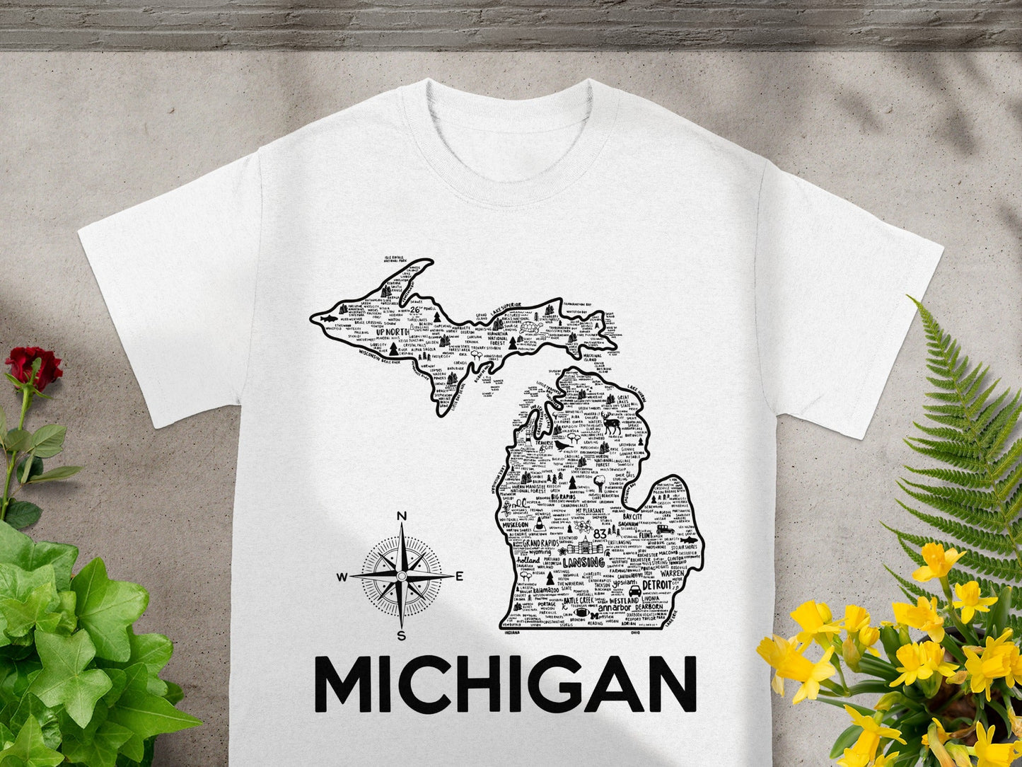 Michigan Map with Compass Design T-Shirt