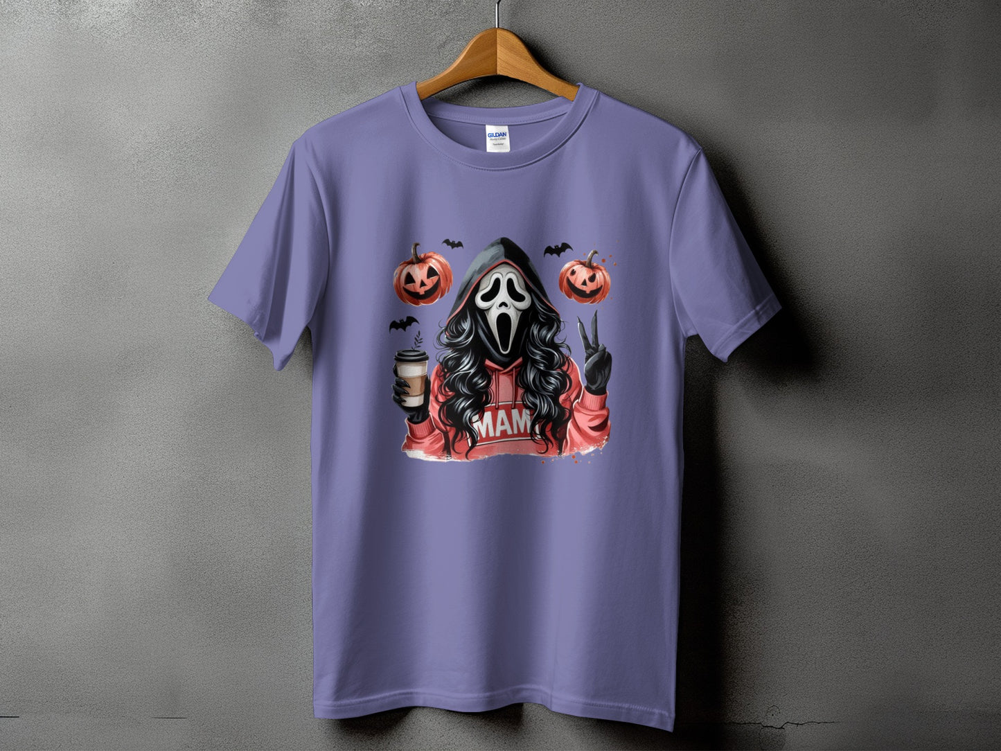 Ghostface with coffee, pumpkins, and bats, wearing "MAM" hoodie.