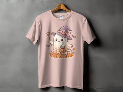 Pink t-shirt featuring a cute ghost wearing a witch hat holding a pumpkin and a wand.
