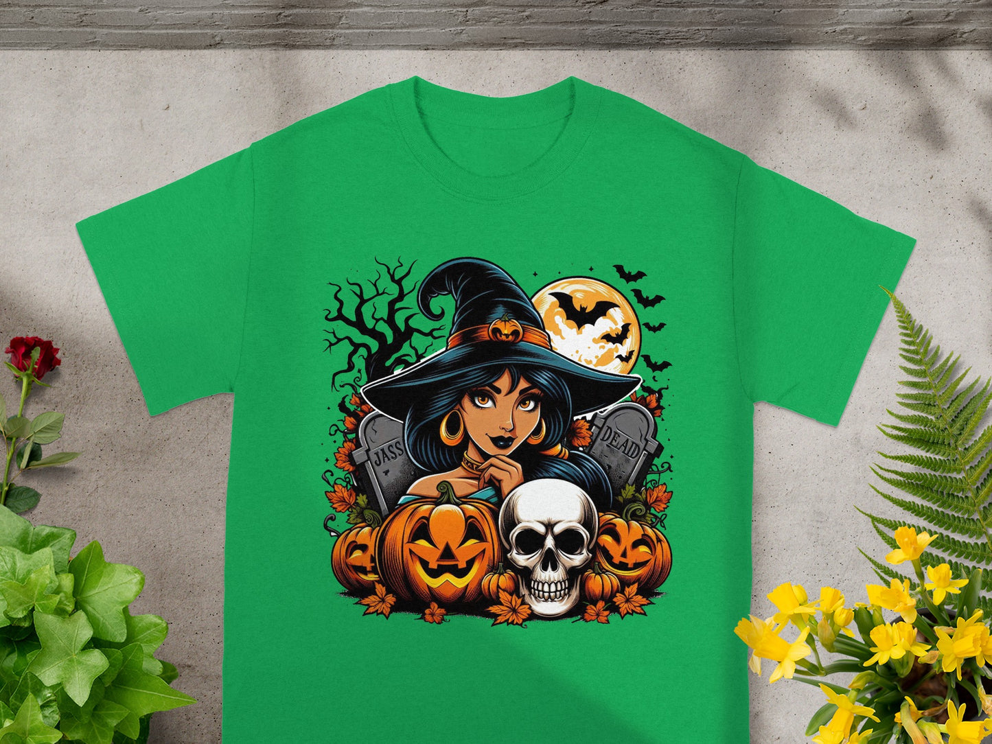 Halloween graphic with witch, pumpkins, skull, gravestones, moon, and bats.