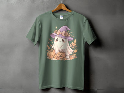 Green t-shirt with a cute ghost wearing a witch hat holding pumpkins.