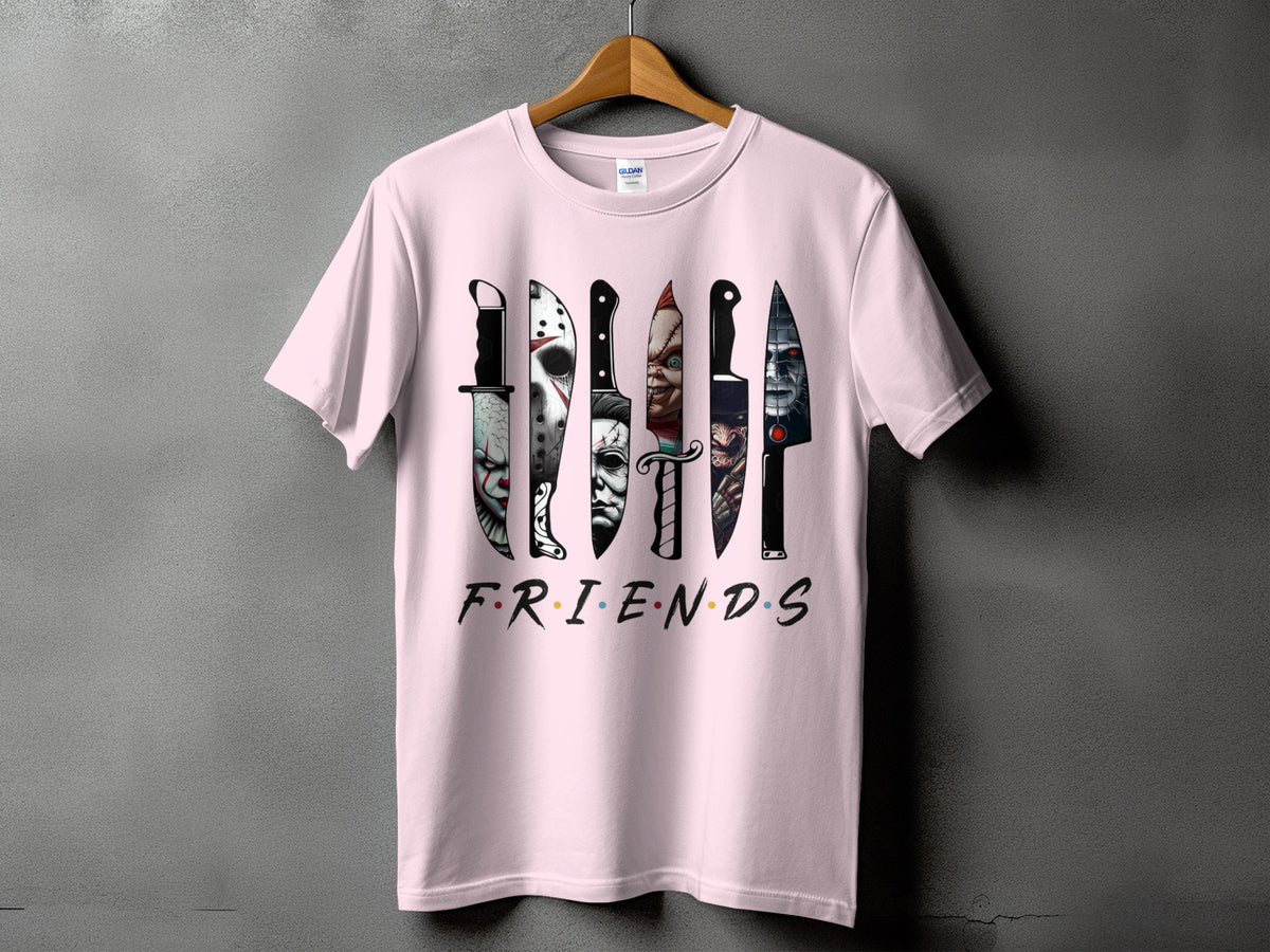 Pink t-shirt with horror movie villains' knives and "Friends" logo.