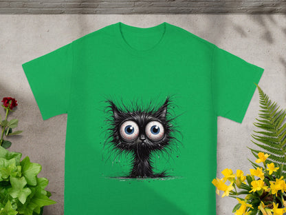 Green T-Shirt with Cartoon Wide-Eyed Black Cat Design