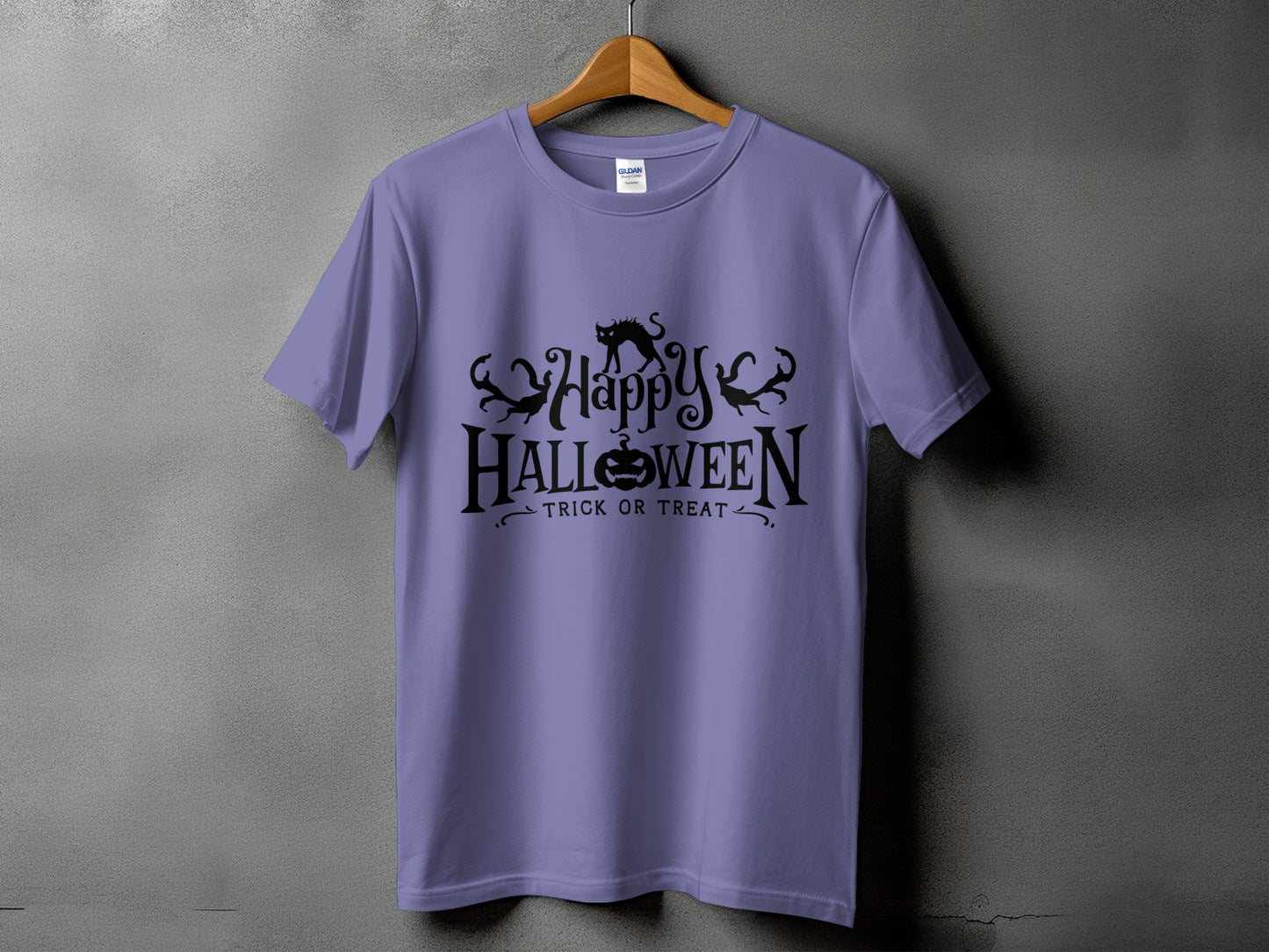 Purple t-shirt with black Halloween graphic featuring a cat, pumpkin, and text.