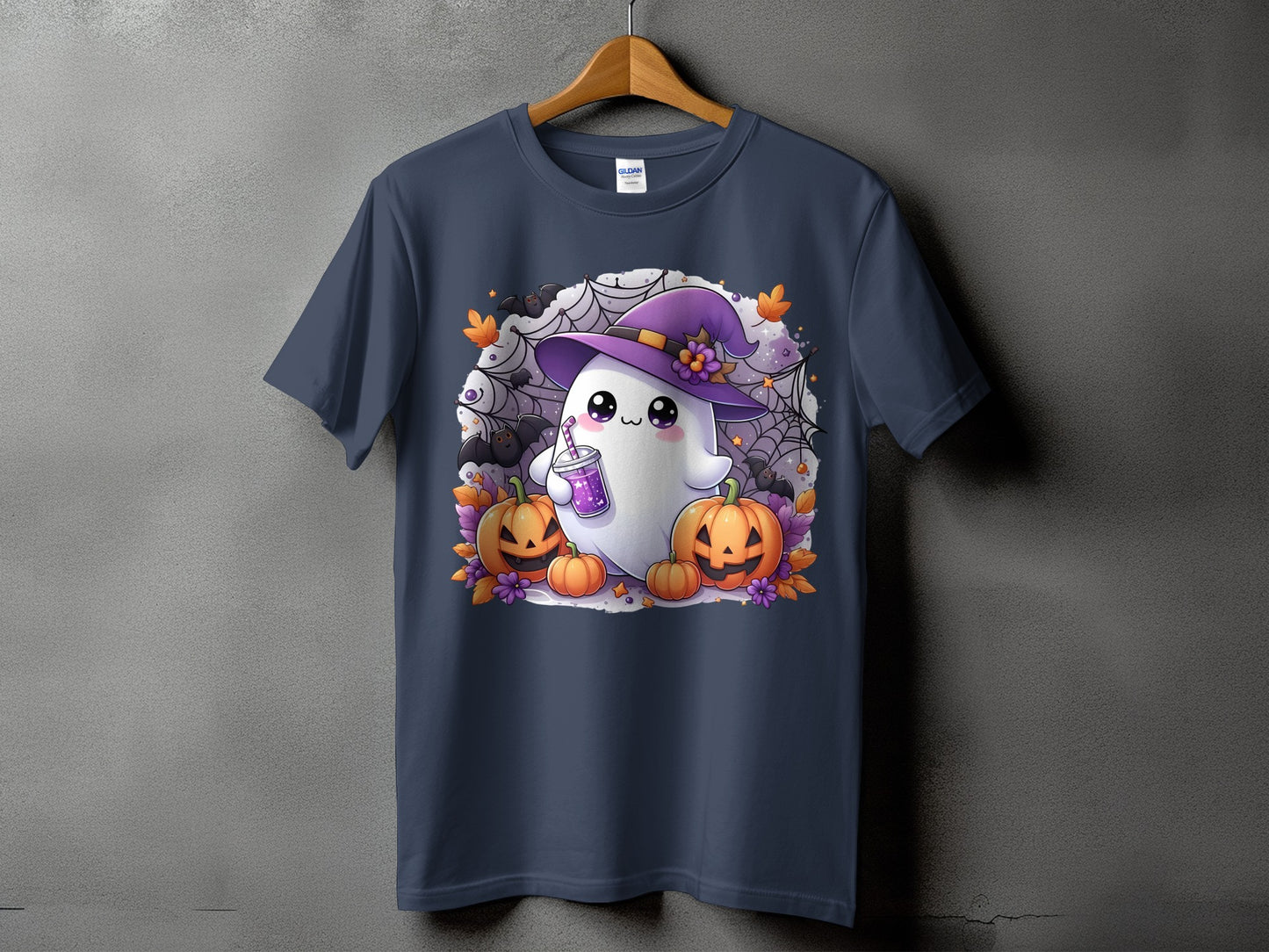 Cute Halloween ghost in witch hat with pumpkins, bats, and spiderwebs.