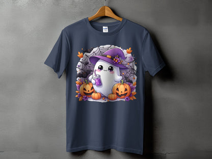 Cute Halloween ghost in witch hat with pumpkins, bats, and spiderwebs.