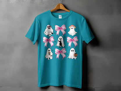 Turquoise t-shirt with a repeating pattern of ghosts and pink bows.