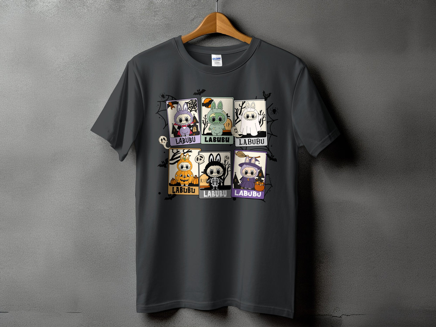 Dark gray t-shirt with six Halloween-themed "LABUBU" character panels.