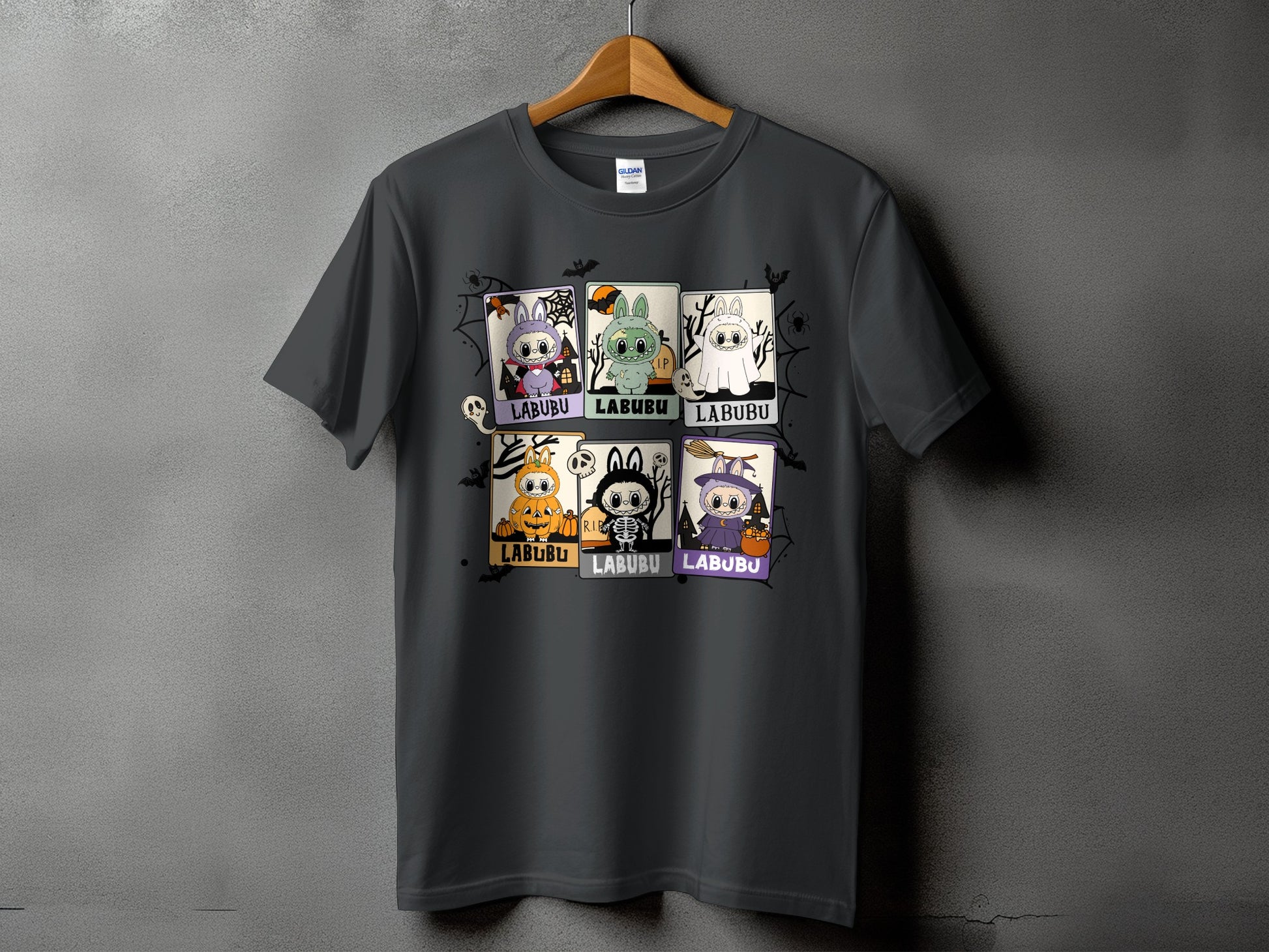 Dark gray t-shirt with six Halloween-themed "LABUBU" character panels.