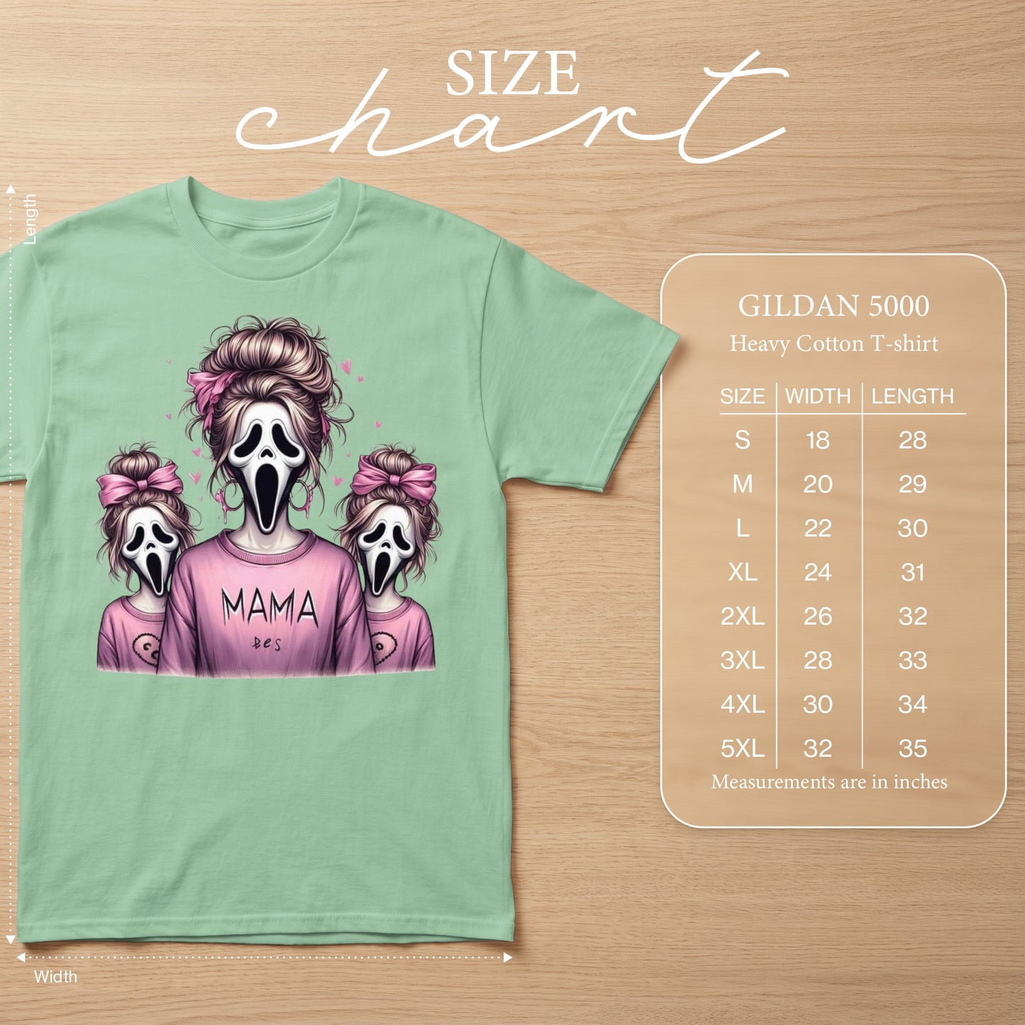 Light green t-shirt with ghost characters and "MAMA" graphic, size chart details.