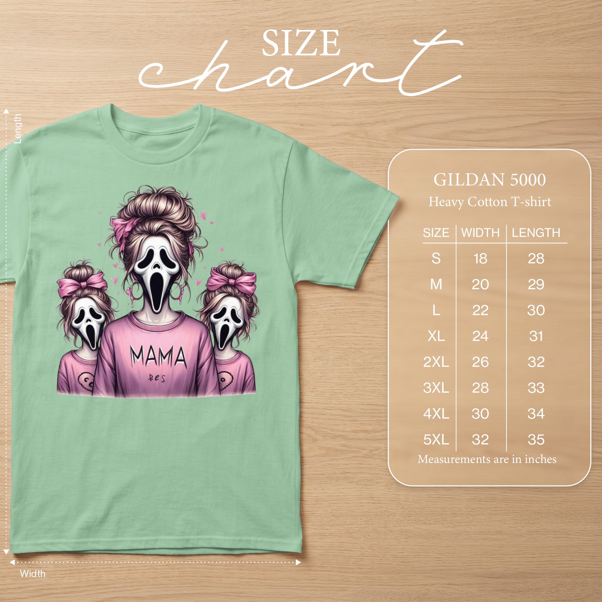 Light green t-shirt with ghost characters and "MAMA" graphic, size chart details.