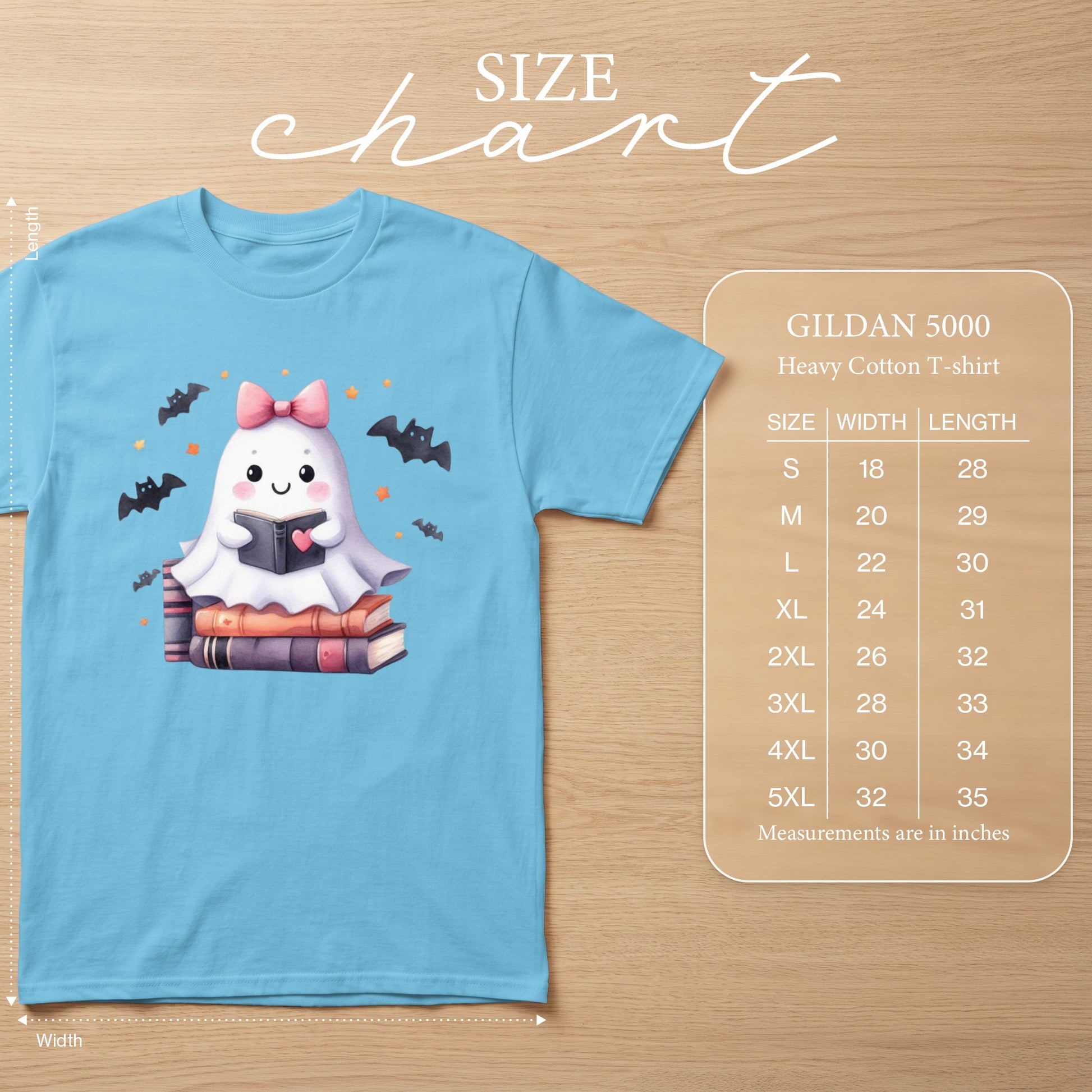 GILDAN 5000 Heavy Cotton t-shirt size chart with measurements in inches.