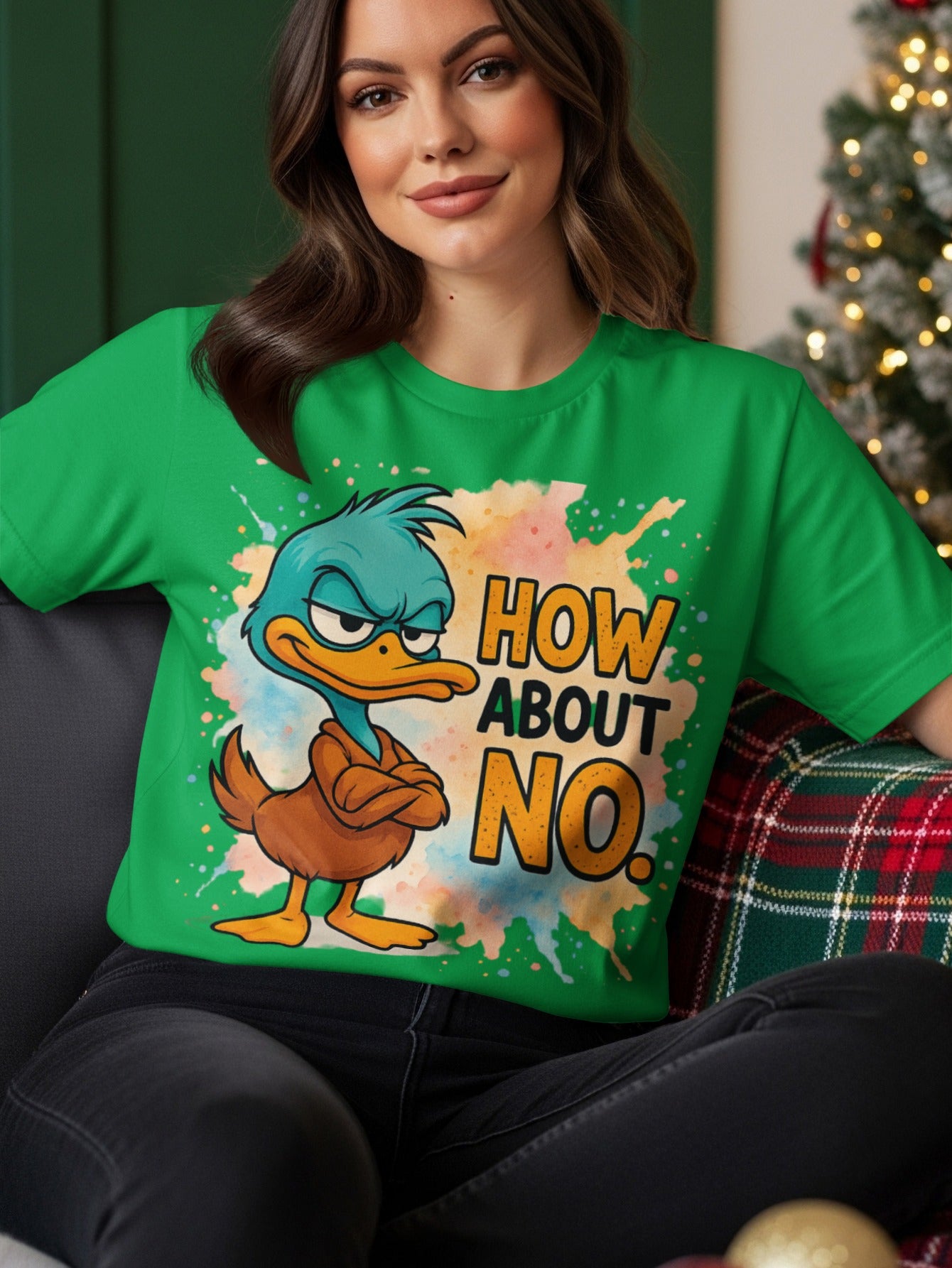 Green t-shirt with cartoon duck and "How About NO." text.