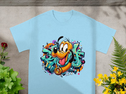 Light blue t-shirt featuring cartoon dog Pluto graffiti graphic.