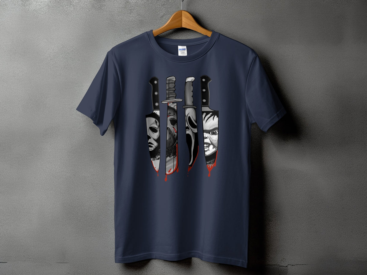 Dark t-shirt with horror movie character knives and blood splatter graphic.