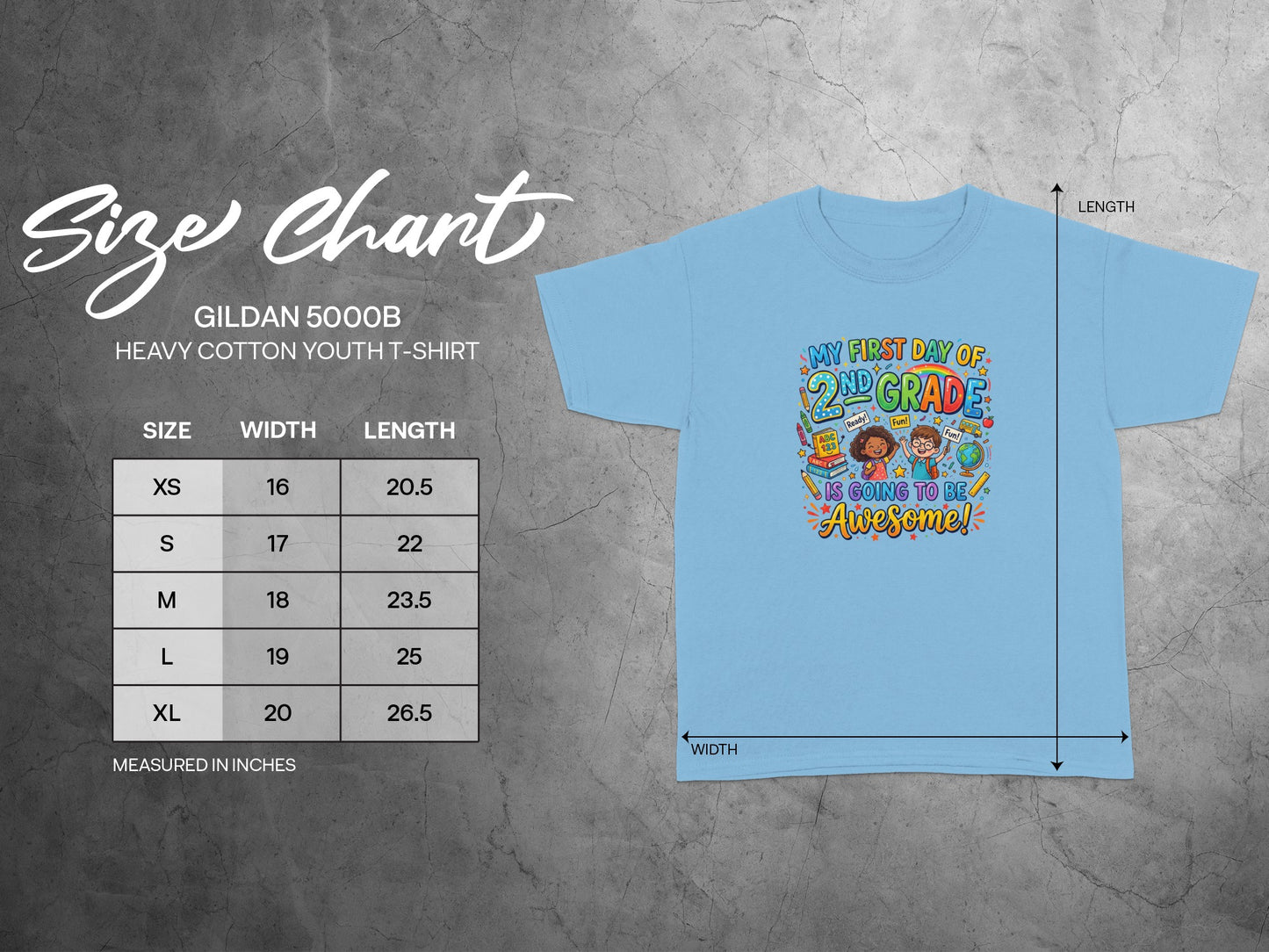 Gildan 5000B youth t-shirt size chart with width and length measurements.