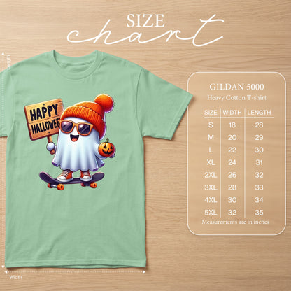 Size chart for Gildan 5000 Heavy Cotton T-shirt with Halloween ghost graphic.