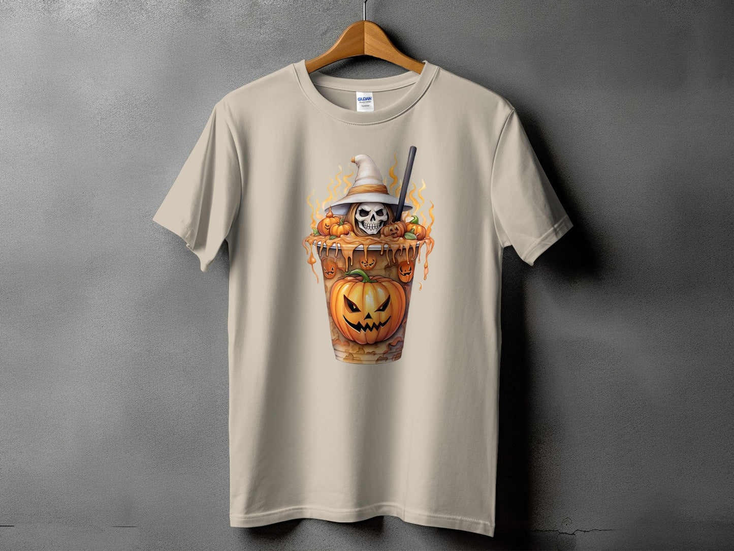 T-shirt with a Halloween-themed graphic featuring a skull in a witch hat and pumpkins.