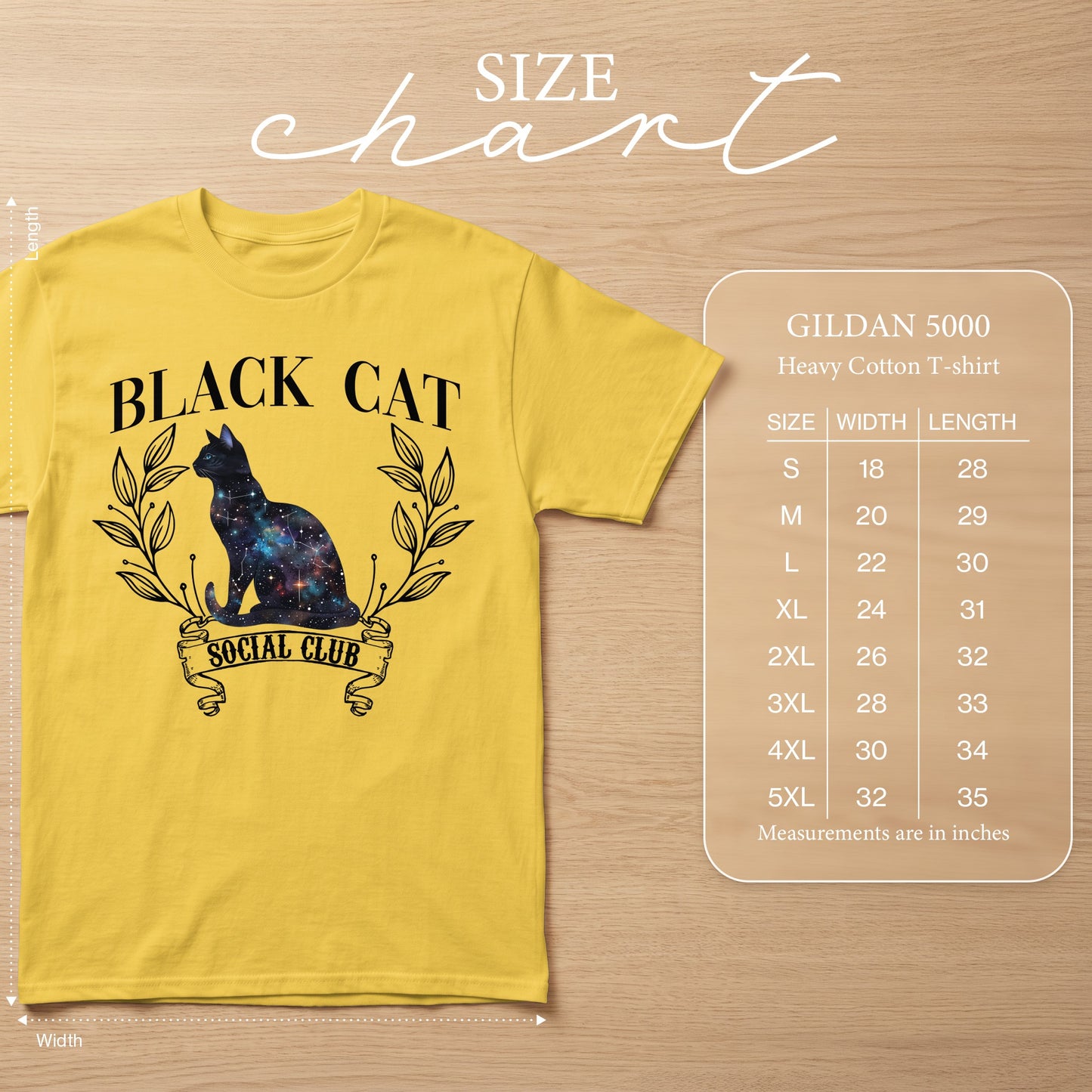 Yellow Gildan 5000 t-shirt with black cat galaxy graphic and size chart.