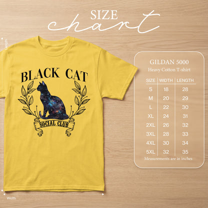 Yellow Gildan 5000 t-shirt with black cat galaxy graphic and size chart.