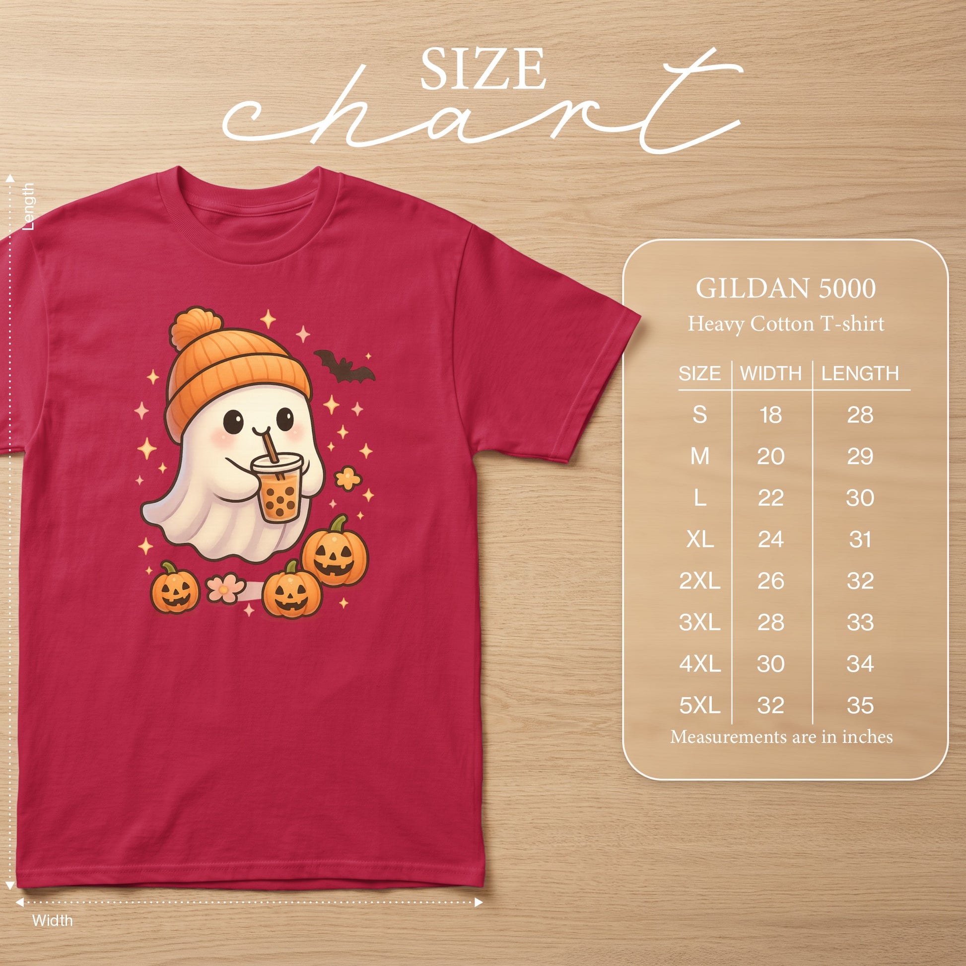 Red Gildan 5000 heavy cotton t-shirt with a ghost, pumpkins, and bat graphic. Includes size chart.