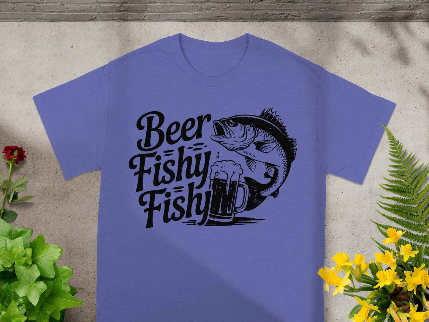 Purple t-shirt with black graphic featuring text "Beer Fishy Fishy" and a fish next to a beer mug.
