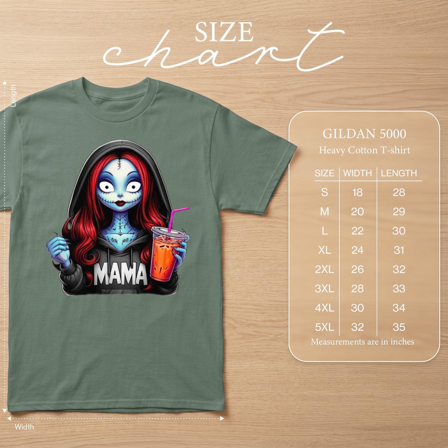 Gildan 5000 t-shirt with spooky mama graphic and size chart.