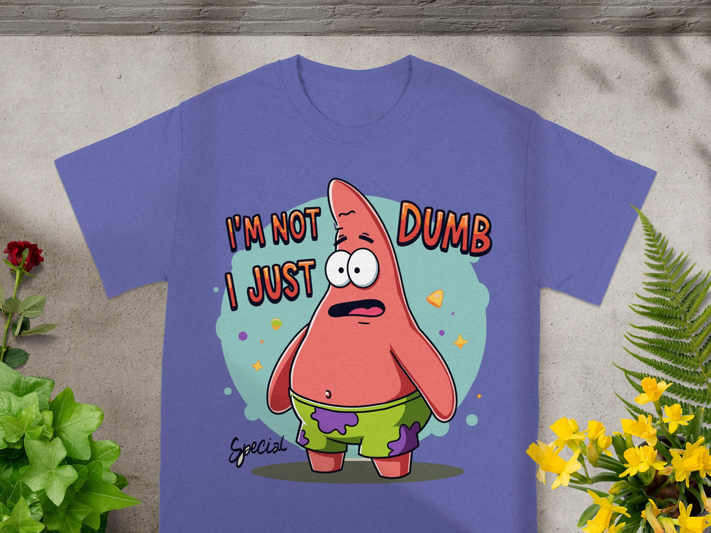 Purple t-shirt featuring Patrick Star with "I'm not dumb I just Special" text.