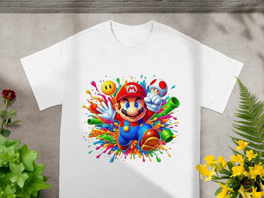 Super Mario in colorful paint splatters on a white t-shirt.