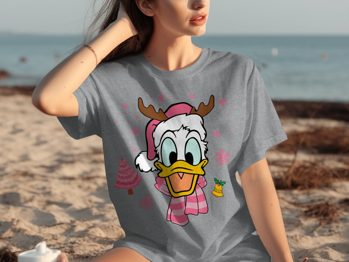 Christmas Duck Reindeer Hat Graphic Tee Shirt