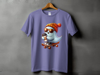 Ghost wearing sunglasses and a beanie, skateboarding with coffee.