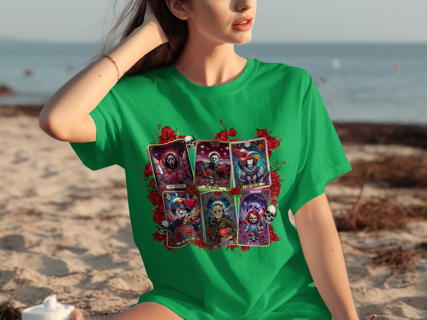 Tarot Card Theme T-Shirt with Skull and Rose Design
