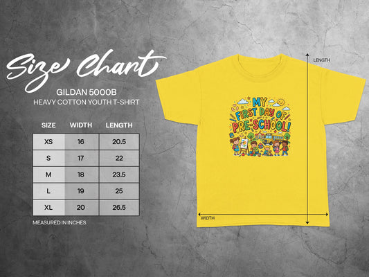 Gildan 5000B youth t-shirt size chart with widths and lengths.