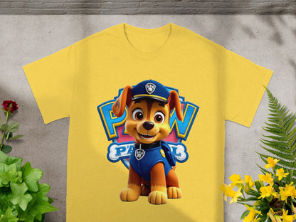 Chase from Paw Patrol wearing his police uniform on a yellow t-shirt.