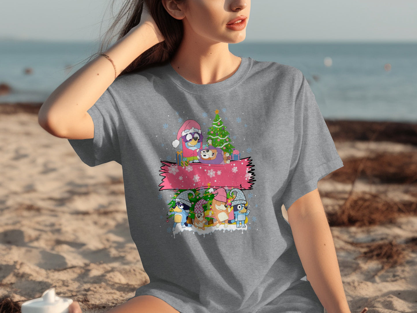Cute Christmas Characters Beach Scene T-Shirt