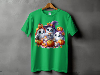 Green t-shirt with a Halloween graphic of three cute ghosts, pumpkins, and a teapot.