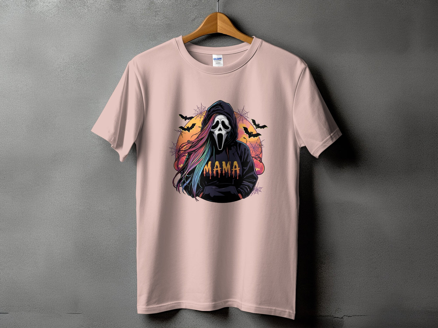 Pink t-shirt with ghostface wearing a hoodie with "MAMA" text.
