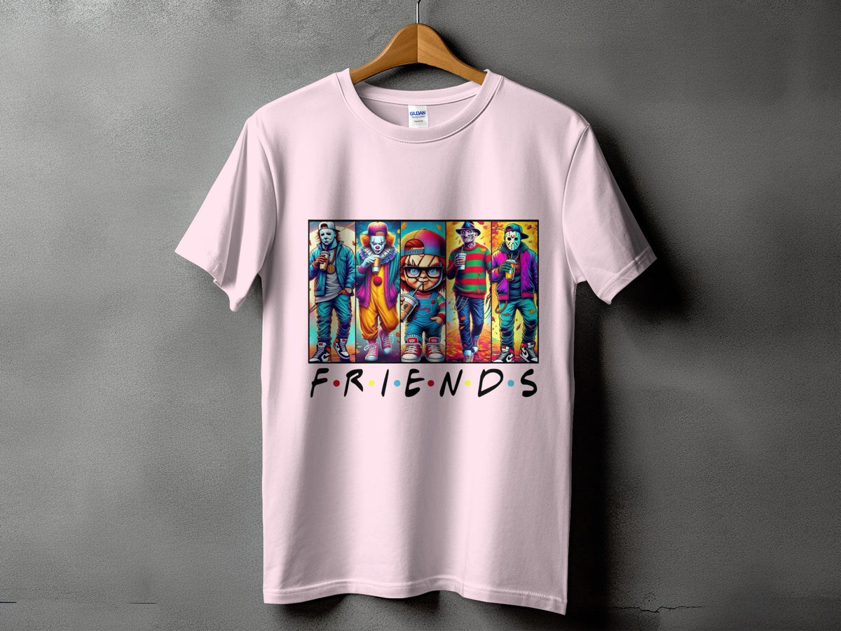 Pink t-shirt with "Friends" logo featuring horror characters: Pennywise, Chucky, and Freddy Krueger.
