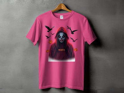 Pink t-shirt with a scary clown graphic, black birds, and pumpkins.