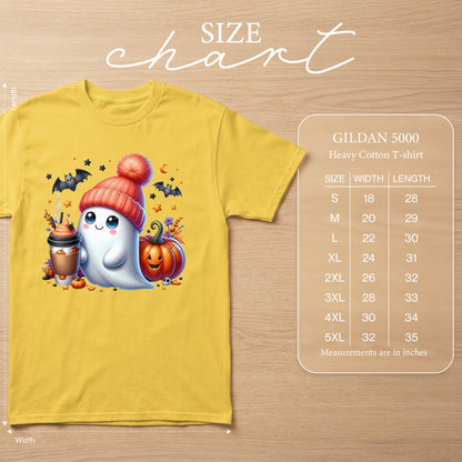 Yellow Gildan 5000 heavy cotton t-shirt with a cute ghost holding a pumpkin spice latte.